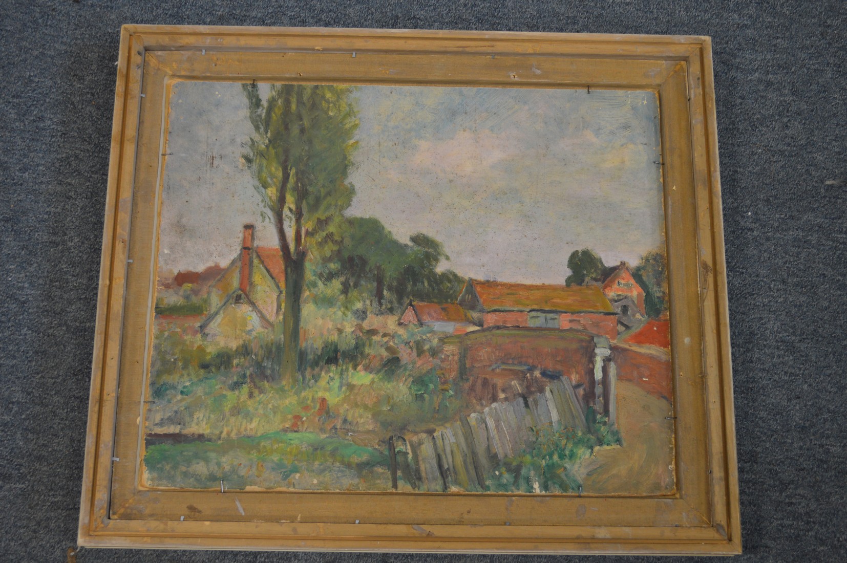 A rural landscape with farm buildings in the distance, oil on board, double sided. - Image 2 of 2
