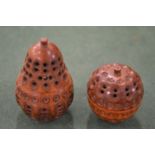 Carved coquilla nut Treen pomander case in the form of a pear and a similar apple shaped pomander