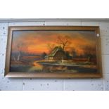 Horst Baumgart, a homestead on a river in winter with the sun setting oil on canvas, signed.