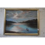 A Tranquil River Landscape with Sailing Boats oil on board.