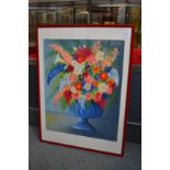 Colourful flowers in a pedestal vase, a limited edition print, signed.