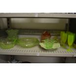 Moulded green glass dishes and vases, a Carlton ware leaf dish etc.