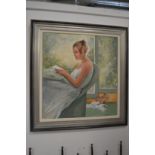 Mally, a scene of an elegant lady reading as her dog devours her post, oil on board.