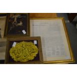 An eastern inlaid framed metal plaque and two other items.