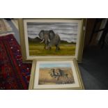 Two oil paintings depicting male lions and an elephant.