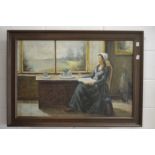 Dutch school, an interior scene with a woman seated reading a book by a window, oil on canvas,