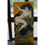 A large colourful unframed canvas depicting a reclining female nude.