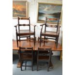 Six 19th century country made oak dining chairs, two with arms.