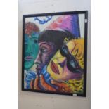 A large colourful oil on canvas depicting faces and masks.