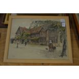 After Cecil Aldin "Figures Outside a Timber Framed Building" and three other paintings and prints.