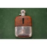 A silver plated and leather hip flask with captive top, James Dixon & Sons.