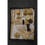 Miscellaneous carved ivory items to include puzzle ball.