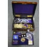 A Victorian walnut jewellery box and contents.