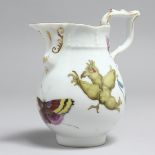 A GOOD OVOID JUG painted with butterflies and fruit, possibly Meissen. 5ins high.