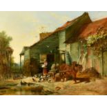 Attributed to Edward Brooke and Benjamin Herring, a farmyard scene in summer with a female figure by