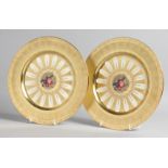 A GOOD PAIR OF AYNSLEY FRUIT PLATES with gold borders. 10ins diameter.