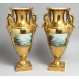 A GOOD PAIR OF DRESDEN TWO HANDLED GILT VASES painted with reverse landscape panels. 13ins high.