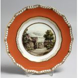 A ROYAL CROWN DERBY PLATE painted with a view of Stoney Middleton, Derbyshire, under a burnt