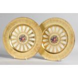 A GOOD PAIR OF AYNSLEY FRUIT PLATES with gold borders. 10ins diameter.