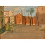 Attributed to Pietro Sansalvadore (1892-1955) Italian, buildings by a canal, oil on canvas. 13.5"