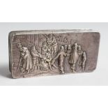 A 19TH CENTURY DUTCH OBLONG BOX, the lid repousse with figures. 4.75ins long. Chester import mark