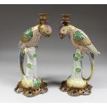 A GOOD PAIR OF CONTINENTAL PORCELAIN AND GILT METAL PARROT CANDLESTICKS. 17ins high.