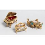 A SUPERB VIENNA ENAMEL SUITE OF MINIATURE FURNITURE comprising a grand piano with musical