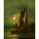 Rudolf Giffinger (19th Century), A Dutch barge unloading by moonlight, oil on panel, signed,. 20.