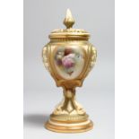 A ROYAL WORCESTER POT POURI VASE ON STAND with pierced cover, the sides painted with roses. No.