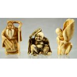 THREE JAPANESE CARVED IVORY NETSUKES, including a sage, a hotei and a man holding a giant