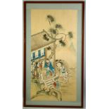 A LARGE FINE CHINESE PAINTING ON SILK, depicting pavilion scene with a dignitary, framed and glazed,