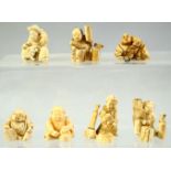 A GROUP OF SEVEN JAPANESE CARVED IVORY NETSUKES, of various figures, (7).