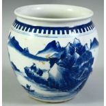 A SMALL CHINESE BLUE AND WHITE PORCELAIN PLANTER, painted with a mountainous river landscape, the