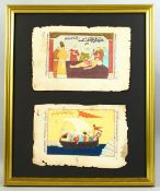 TWO TURKISH OTTOMAN MINIATURE PAINTINGS ON PAPER, framed and mounted together, one depicting a