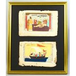 TWO TURKISH OTTOMAN MINIATURE PAINTINGS ON PAPER, framed and mounted together, one depicting a