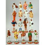 A COLLECTION OF SEVENTEEN ANGLO INDIAN COMPANY SCHOOL PAINTED CLAY FIGURES, in a wooden box, tallest