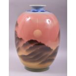 A LARGE JAPANESE PORCELAIN OVOID VASE, the body painted with an atmospheric sunset landscape, 33cm