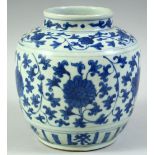 A CHINESE BLUE AND WHITE PORCELAIN JAR, the body painted with floral decoration, 17.5cm high.