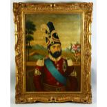 AHMAD (ACTIVE 1819-1844) PERSIAN, A PORTRAIT OF MOHAMMAD SHAH QAJAR WITH A VASE OF FLOWERS AND A