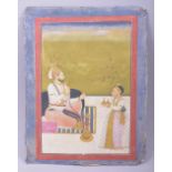 AN INDIAN MINATURE PAINTING ON PAPER, depicting a dignitary with servant, unframed, 29.5cm x 22.