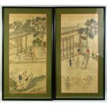 A PAIR OF CHINESE PAINTINGS depicting figures on terrace of a pavilion, framed and glazed, each 82cm