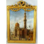 TREVOR HADDON; ARAB STREET SCENE WITH FIGURES STOOD BEFORE A MINARET TOWER, with decorative gilt