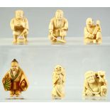 A GROUP OF SIX JAPANESE CARVED IVORY NETSUKES, of various figures, (6).
