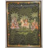 A LARGE FRAMED INDIAN PICHWAI PAINTING ON CLOTH, depicting a royal figure on horseback, 128.5cm x