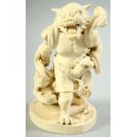 A JAPANESE MEIJI PERIOD CARVED IVORY OKIMONO of an oni with crouching attendant, the larger demon