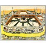 AN ISLAMIC OTTOMAN GLAZED POTTERY TILE depicting Mecca, 27.5cm x 29cm.