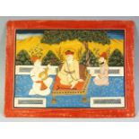 A LARGE INDIAN MINIATURE PAINTING ON PAPER, depicting a seated holy man with a musician and