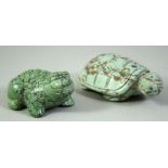 AN EARLY 20TH CENTURY CHINESE CARVED TURQUOISE FIGURE OF A TURTLE, together with a frog, (2).