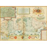 Jodocus Hondius, an original antique hand coloured engraved map of Sussex, with text on the reverse,