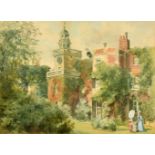 F.S. Williams, circa 1892, female figures outside a country house, watercolour, signed, 9.5" x 13.